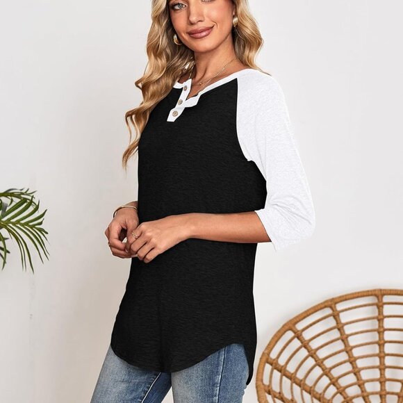 Women's Casual 3/4 Sleeve T Shirts Button V Neck Tunic Blouses Color Block Basic - Picture 3 of 6